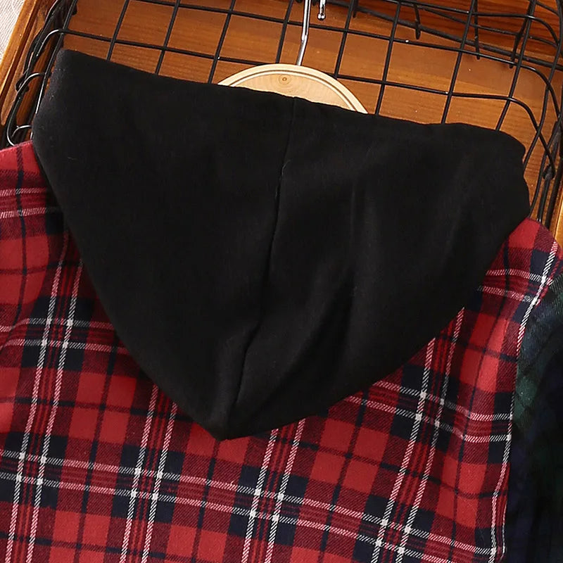 Kids Plaid Hooded Shirt – Multi-Color Button-Up, Long Sleeve