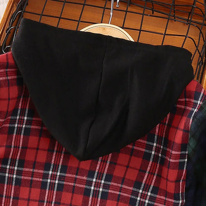 Kids Plaid Hooded Shirt – Multi-Color Button-Up, Long Sleeve