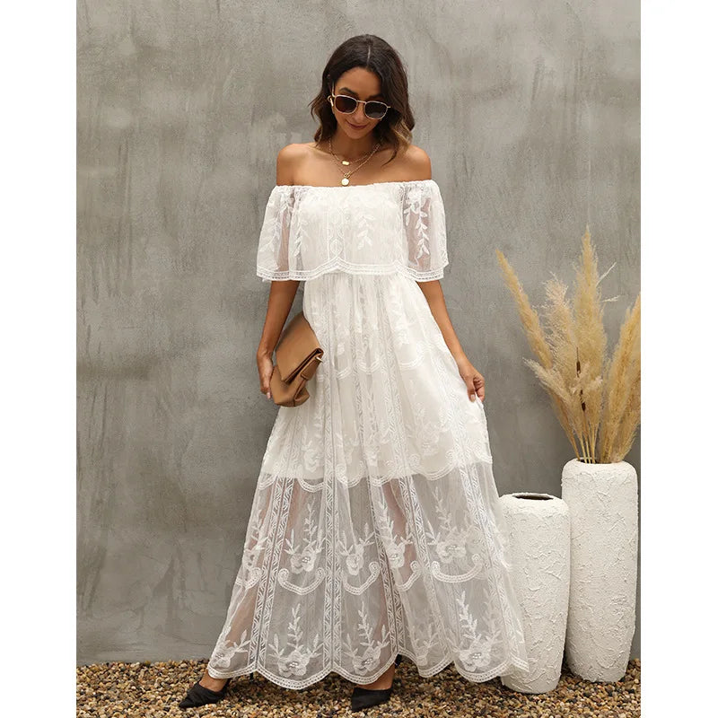 Women’s Embroidered Lace Maxi Dress – Elegant White Boho Beach Style