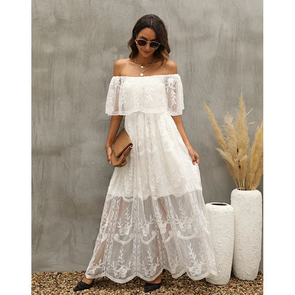 Women’s Embroidered Lace Maxi Dress – Elegant White Boho Beach Style