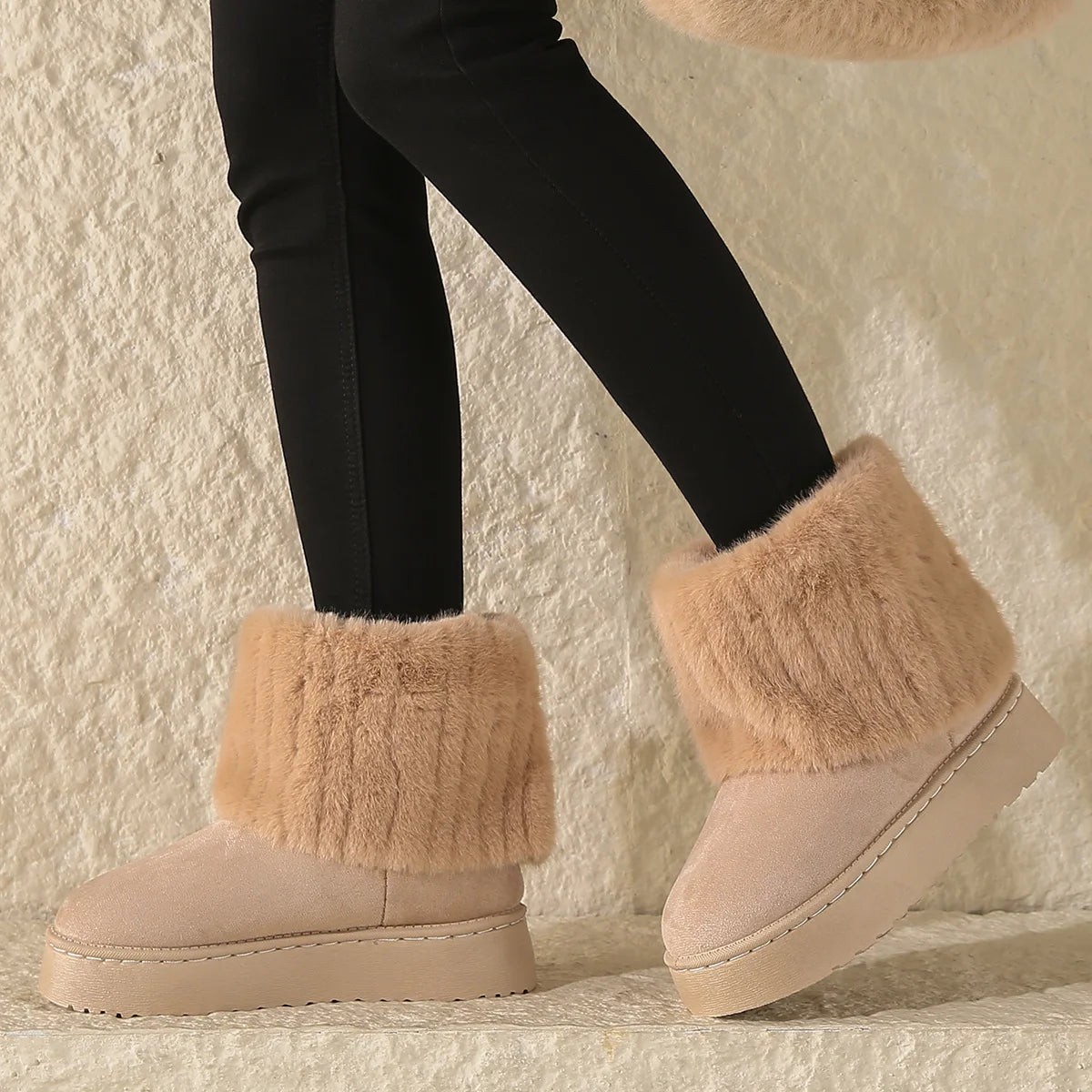 Women’s Faux Fur Slip – on Winter Boots – Warm Plush Mid – Heel Comfort – Khaki – 37