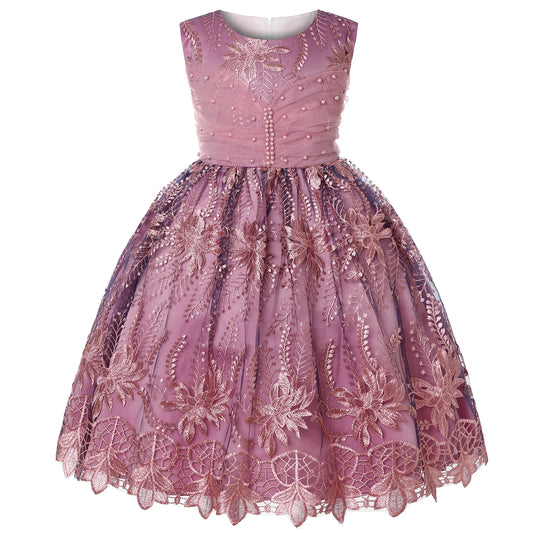 Pink lace dress with floral patterns on a white background