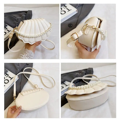 Shell-Shaped Crossbody Bag – Pearl Trim, Compact Chic