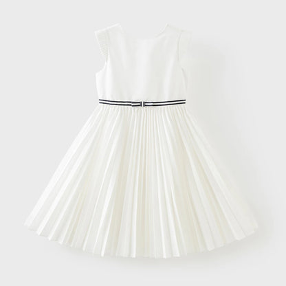 Girls White Pleated Party Dress – Sleeveless A-Line Dress