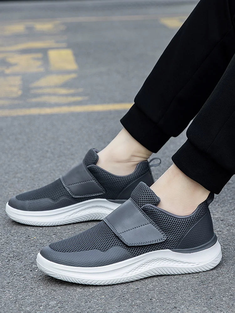Men’s Wide Fit Walking Shoes – Adjustable Comfort Sneakers – Black – 46