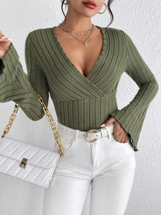 Ribbed Flare-Sleeve V-Neck Knit Top – Slim Fit, Fall/Winter Essential