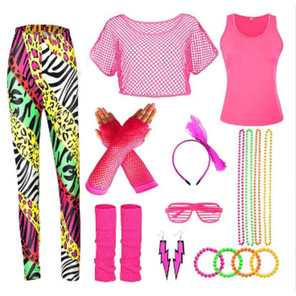 Women’s 80s Workout Outfit Set – Neon Mesh Top & Leggings – Rose Tie-dye – M