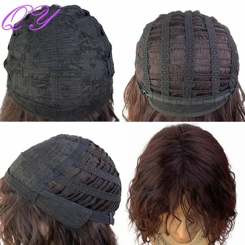 Synthetic Men Wig Natural Curly Dark Brown Color Male Wig With Bangs Water Wave Daily or Cosplay Adjustable Man Hair Wig