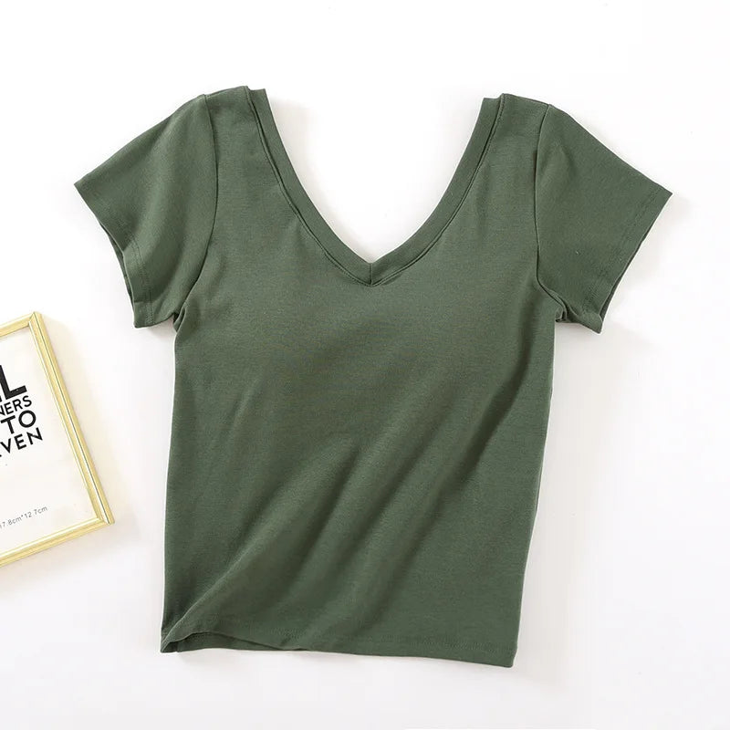 Women's & Teens Cotton Short-Sleeve Padded V-Neck Top