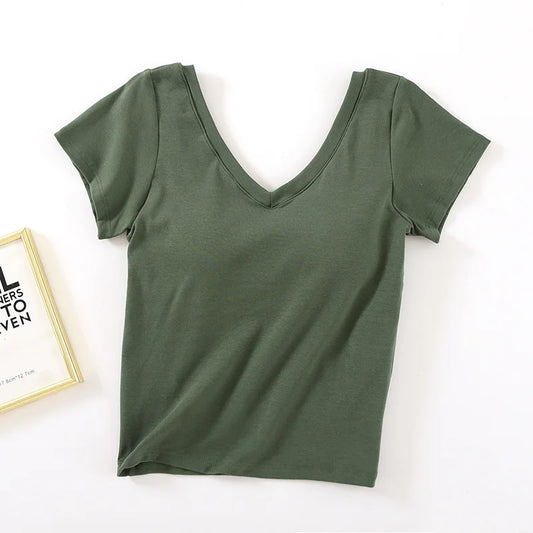 Women's & Teens Cotton Short-Sleeve Padded V-Neck Top