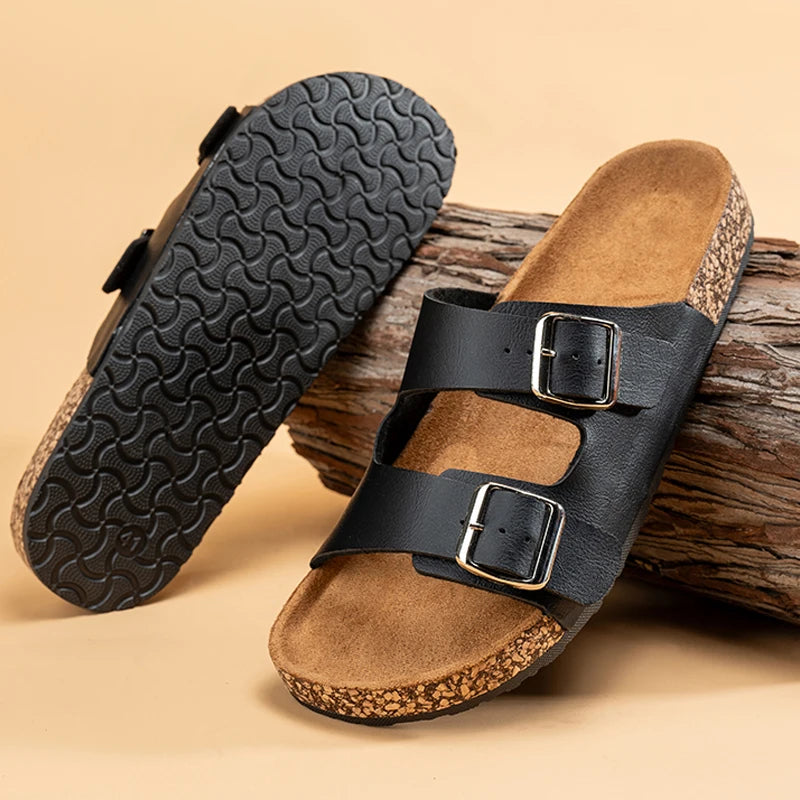 Men’s Double – Buckle Cork Slides – Comfortable Summer Sandals – Black – 36