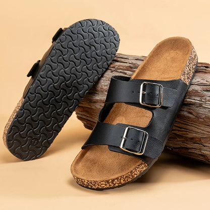 Men’s Double – Buckle Cork Slides – Comfortable Summer Sandals – Black – 36