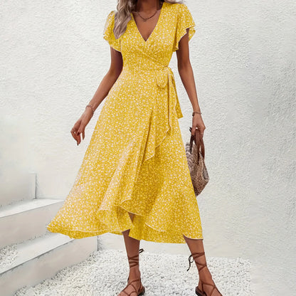 Printed Wrap-Style Tie-Side Vacation Dress