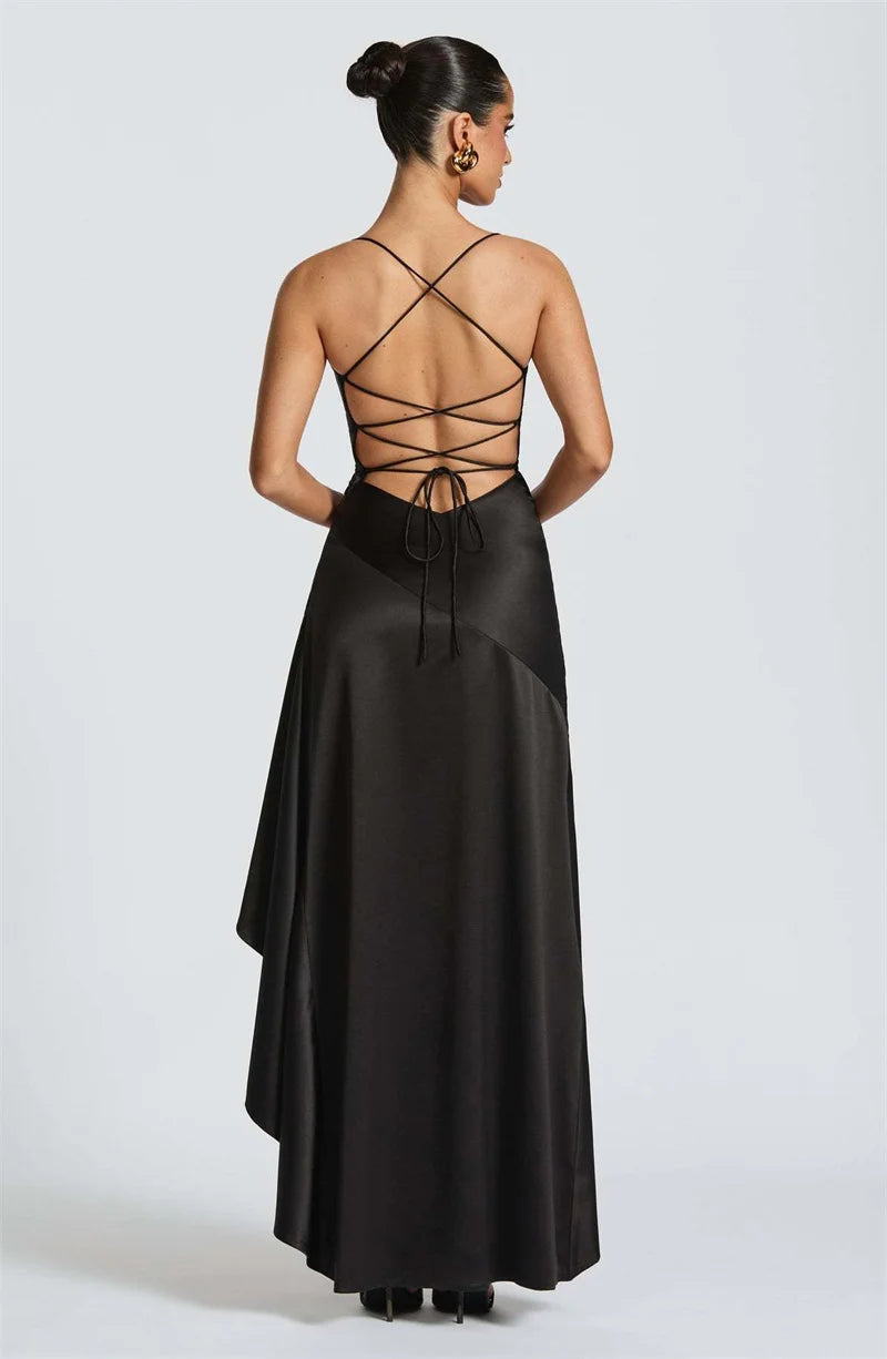 Women’s Satin Spaghetti Strap Maxi Dress – Ruffle Thigh Split, Backless