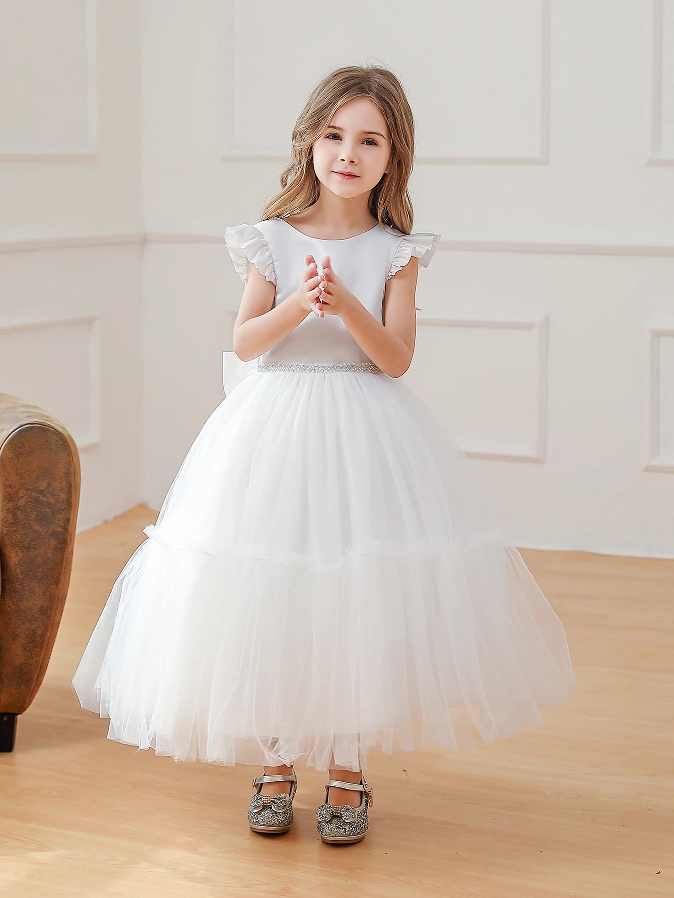 Girls’ White Bow A-Line Dress