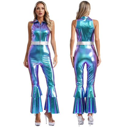 Women’s 70s Metallic Disco Jumpsuit – Sleeveless High – Waist Flared Costume – Blue – XL