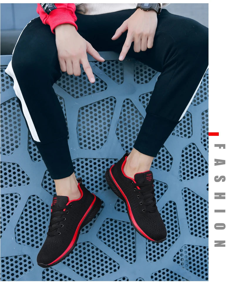 Men’s Knit Running Sneakers – Lightweight Breathable Trainers – Red – 45