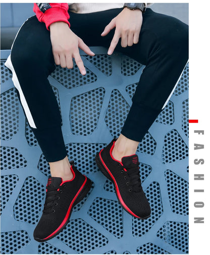 Men’s Knit Running Sneakers – Lightweight Breathable Trainers – Red – 45