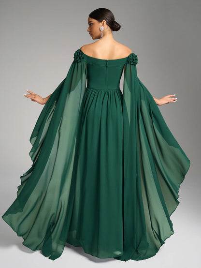Women’s One-Shoulder Chiffon Evening Gown – Flared Sleeves, Pleated Waist - The Dock Drop