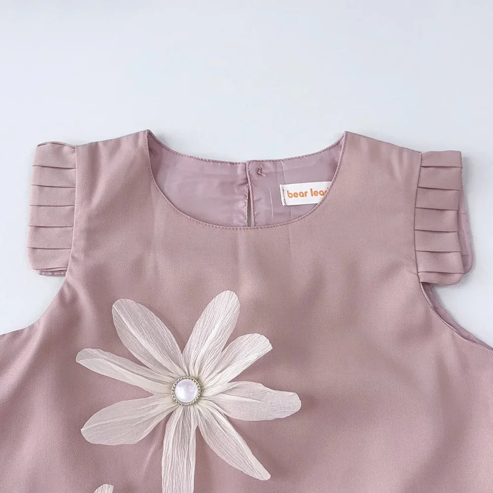 Girls’ 3D Flower A-Line Dress – Sleeveless, Knee Length