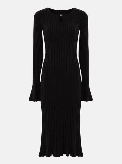 Women’s Rib-Knit Midi Dress – Long Sleeve, Flare Cuffs, Bodycon Fit