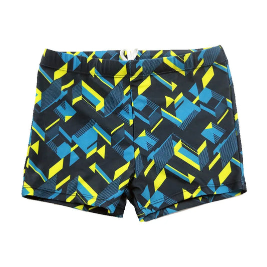 Geometric patterned shorts with blue and yellow design on a white background