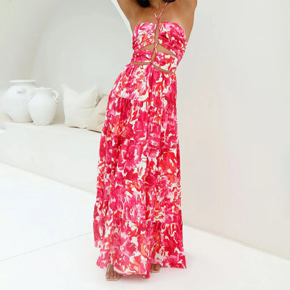 Floral Halter Backless Maxi Dress