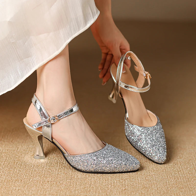 Women's Glitter Closed-Toe Kitten Heels with Ankle Strap