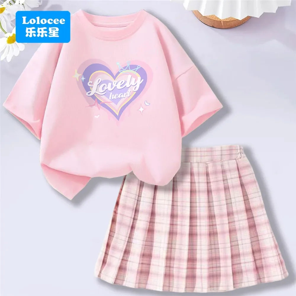 Girls’ T-Shirt & Plaid Skirt Set – 2 Piece Outfit