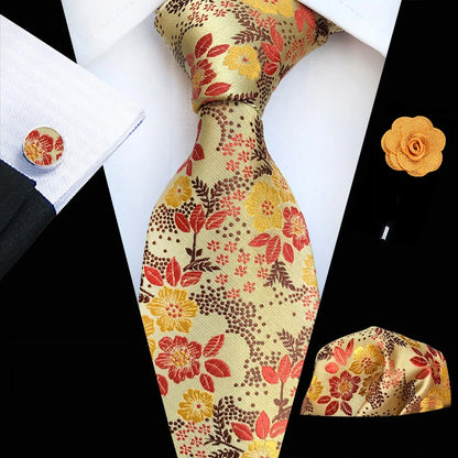 Men’s Floral Necktie Set – Tie, Pocket Square & Cufflinks