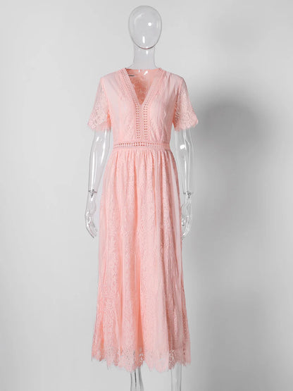 Women’s Embroidered Lace Maxi Dress – Elegant White Boho Beach Style