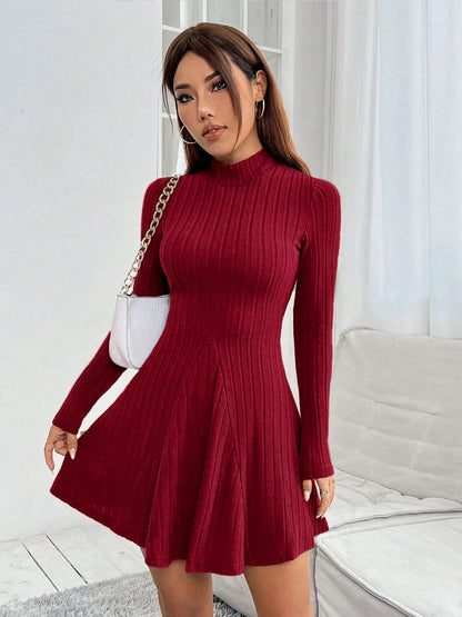 Women’s Ribbed A-Line Knit Mini Dress – Long Sleeve, Mock Neck, Slim Fit