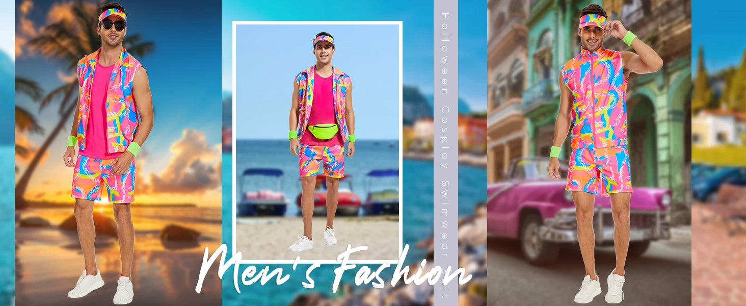 Men’s 80s Cruise Outfit Set – Neon Print Shirt & Shorts – Pink – XL