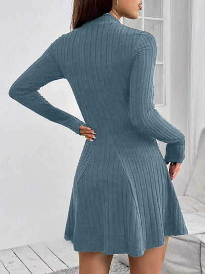 Women’s Ribbed A-Line Knit Mini Dress – Long Sleeve, Mock Neck, Slim Fit