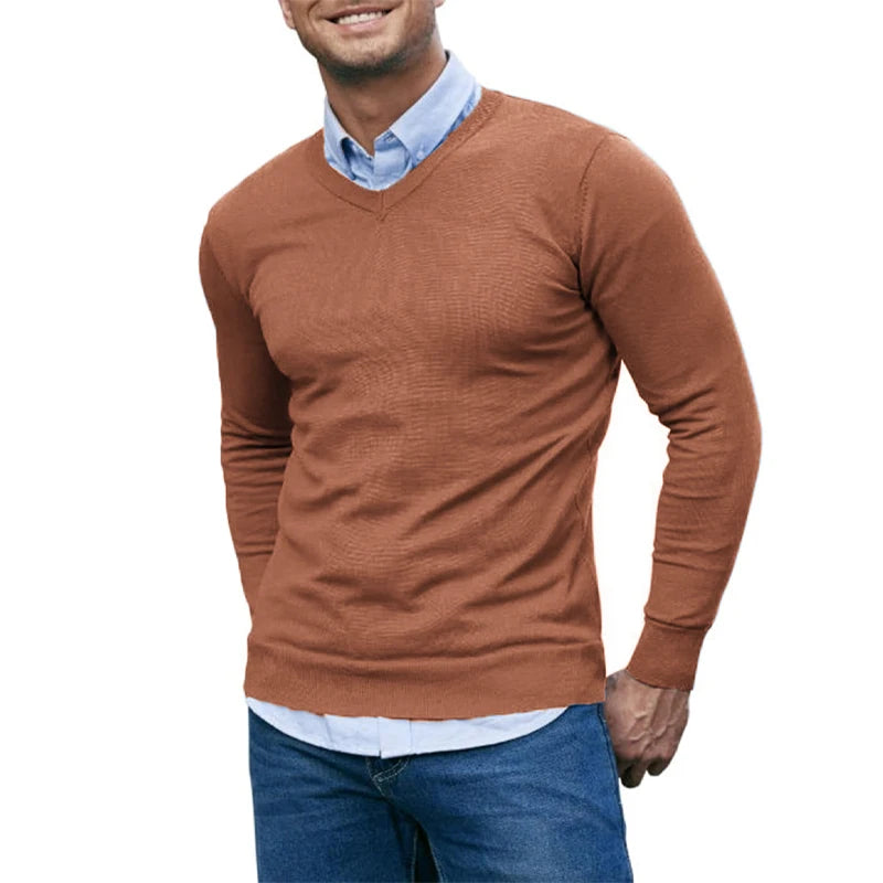 Men’s V-Neck Knit Pullover Sweater – Lightweight Long Sleeve