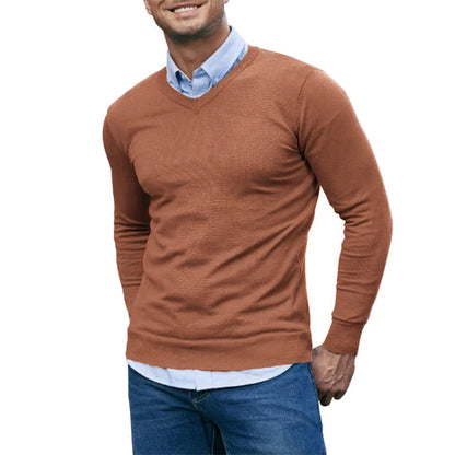 Men’s V-Neck Knit Pullover Sweater – Lightweight Long Sleeve