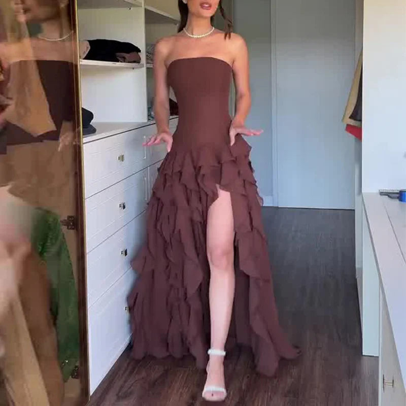 Vestidos Elegant Ruffle Slit Ball Gowns Dresses Woman Sexy Strapless Slim Long Dess Summer Sleeveless Backless Hollow Maxi Dress