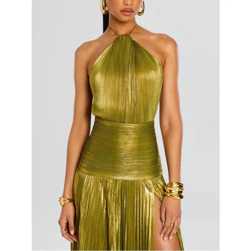Women’s Halter Evening Gown – Floor-Length, High-Slit Elegance