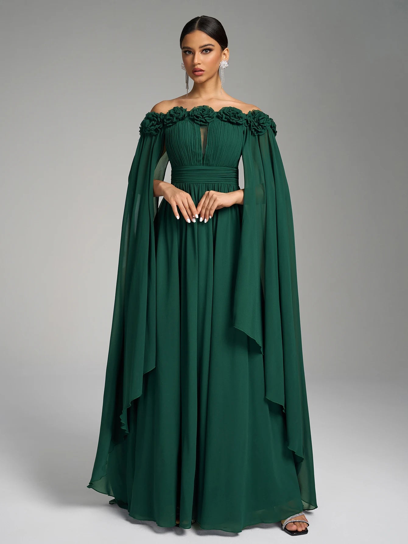Women’s One-Shoulder Chiffon Evening Gown – Flared Sleeves, Pleated Waist - The Dock Drop
