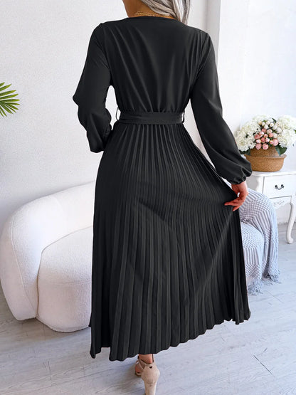 Women’s Pleated V-Neck Maxi Dress – Long Sleeve, Belted Waist