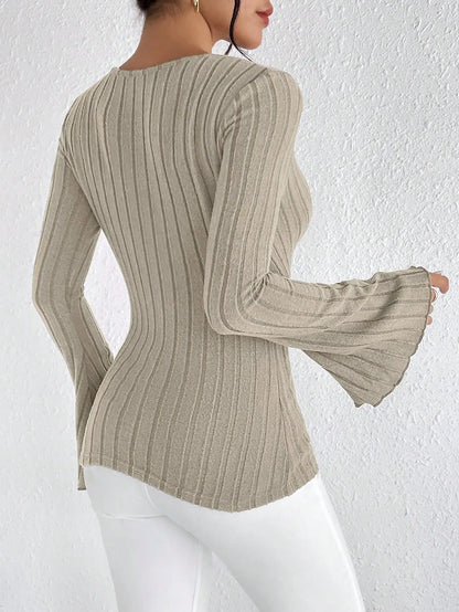 Ribbed Flare-Sleeve V-Neck Knit Top – Slim Fit, Fall/Winter Essential