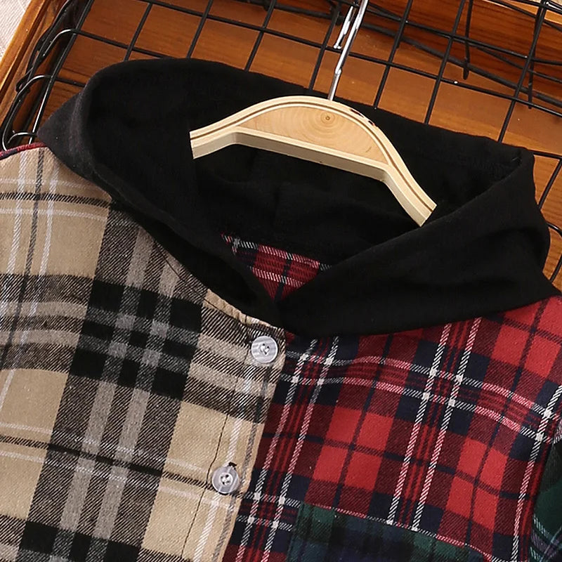 Kids Plaid Hooded Shirt – Multi-Color Button-Up, Long Sleeve