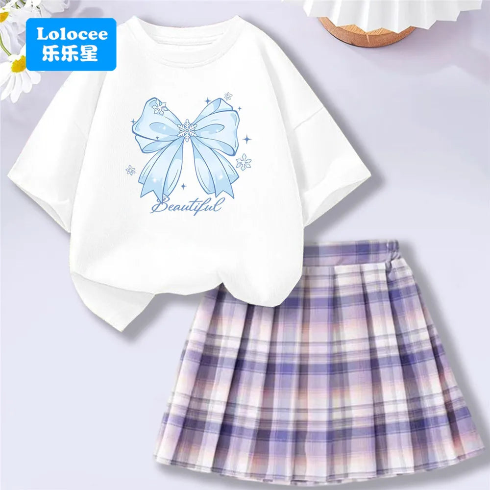 Girls’ T-Shirt & Plaid Skirt Set – 2 Piece Outfit