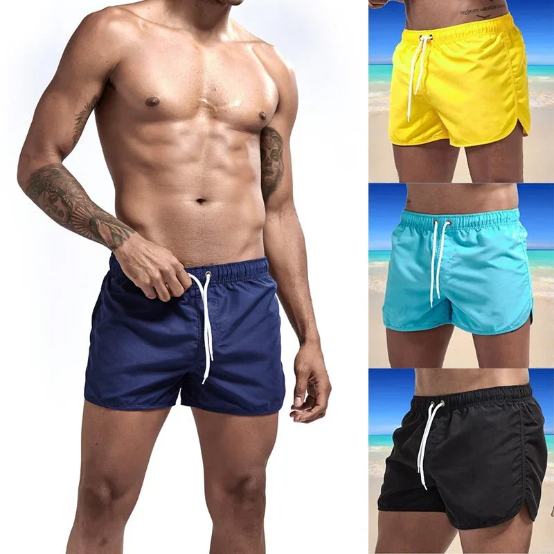 Collage of men wearing blue, yellow, and black swim shorts with a beach background.