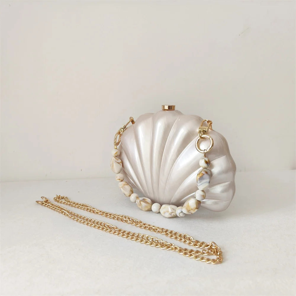 Shell Clutch Evening Bag – Beaded Handle, Formal Elegance