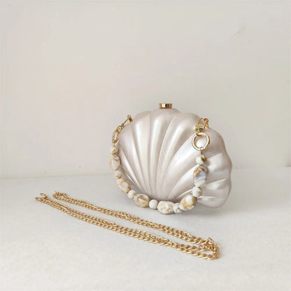 Shell Clutch Evening Bag – Beaded Handle, Formal Elegance