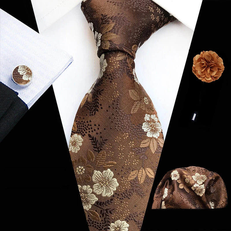 Men’s Floral Necktie Set – Tie, Pocket Square & Cufflinks