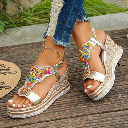 Women’s Boho Platform Wedge Sandals – Beaded Summer Comfort Shoes