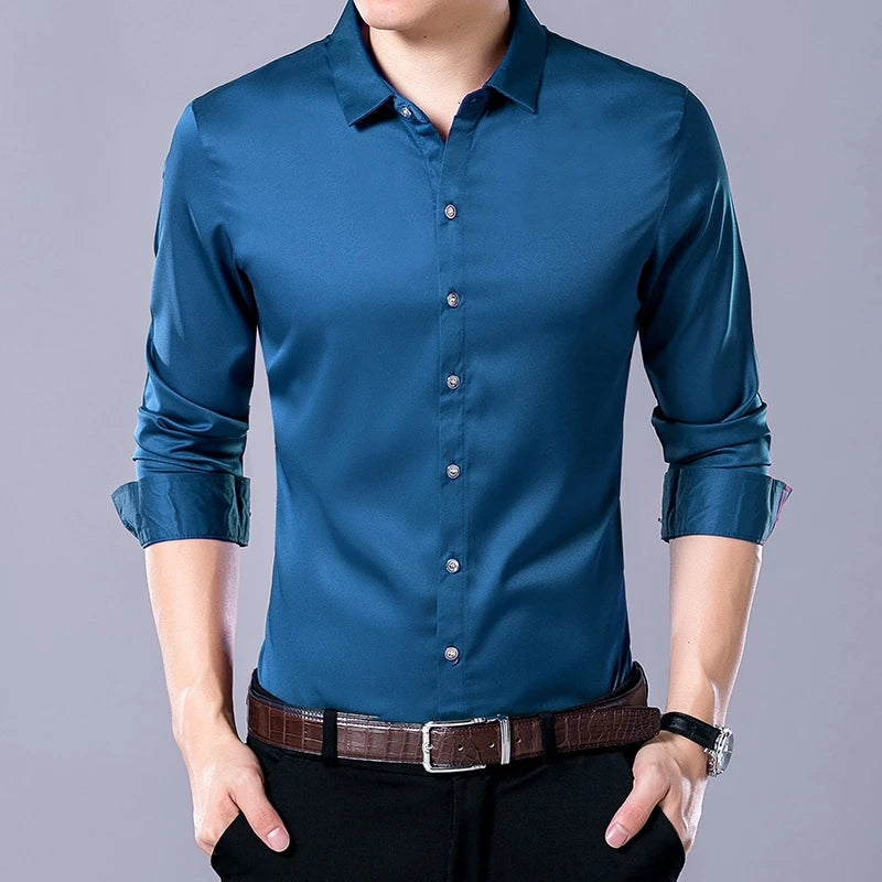 Men's Casual Fashion Business Solid Color Long Sleeved Shirt - The Dock Drop
