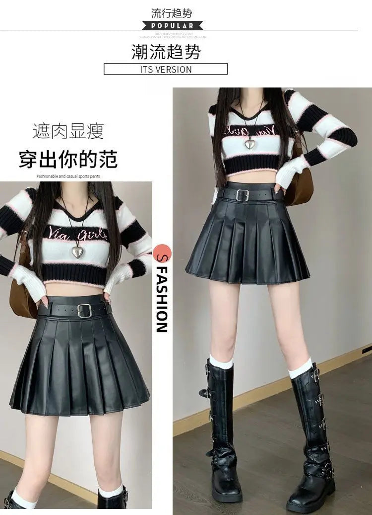 Women’s Pleated PU Mini Skirt with Belt – High-Waist, A-Line